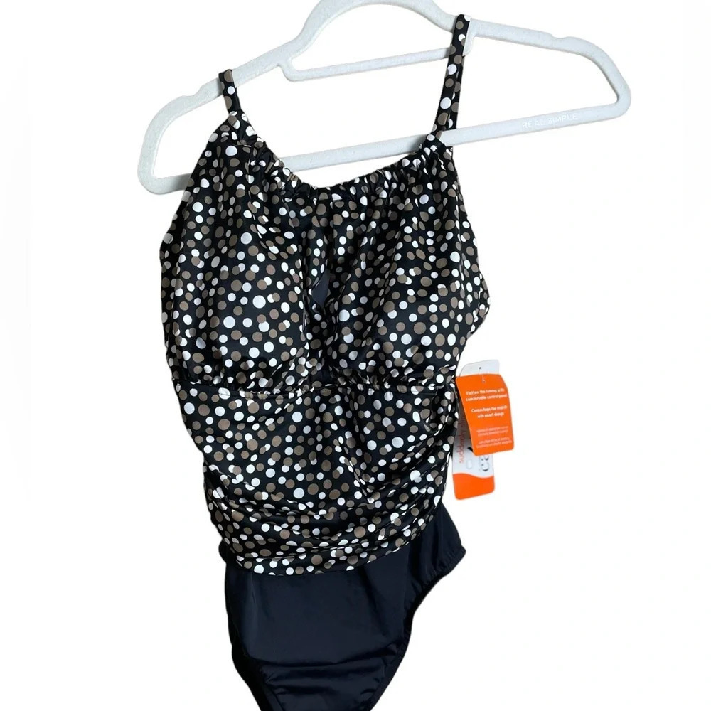 CATALINA Suddenly Slim Swimsuit Bathing Suit Black Brown Ivory Polka Dot Size M